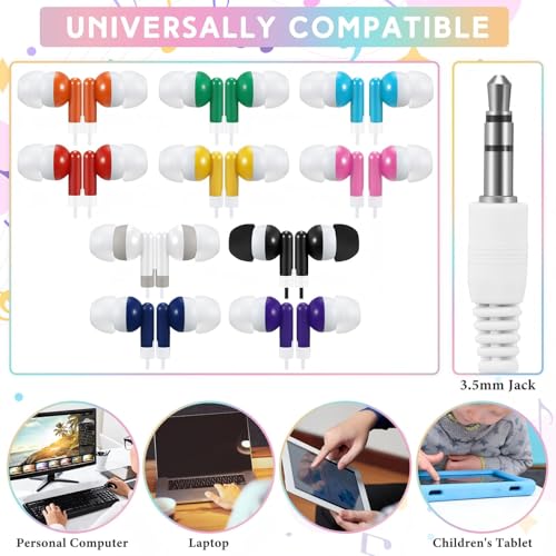 Image of 50 Pack Earbuds Wired Bulk for Classroom 3.5mm Jack, Multicolor