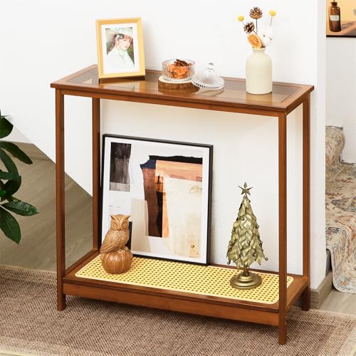 Mordchil HF Bamboo Narrow Console Table, 31.5"(L) Wood Small Entryway Table with Rattan and Glass, Accent Slim Hallway Tables, Thin Sofa Side Tables for Hallway, Living Room, Bedroom, Foyer, Walnut