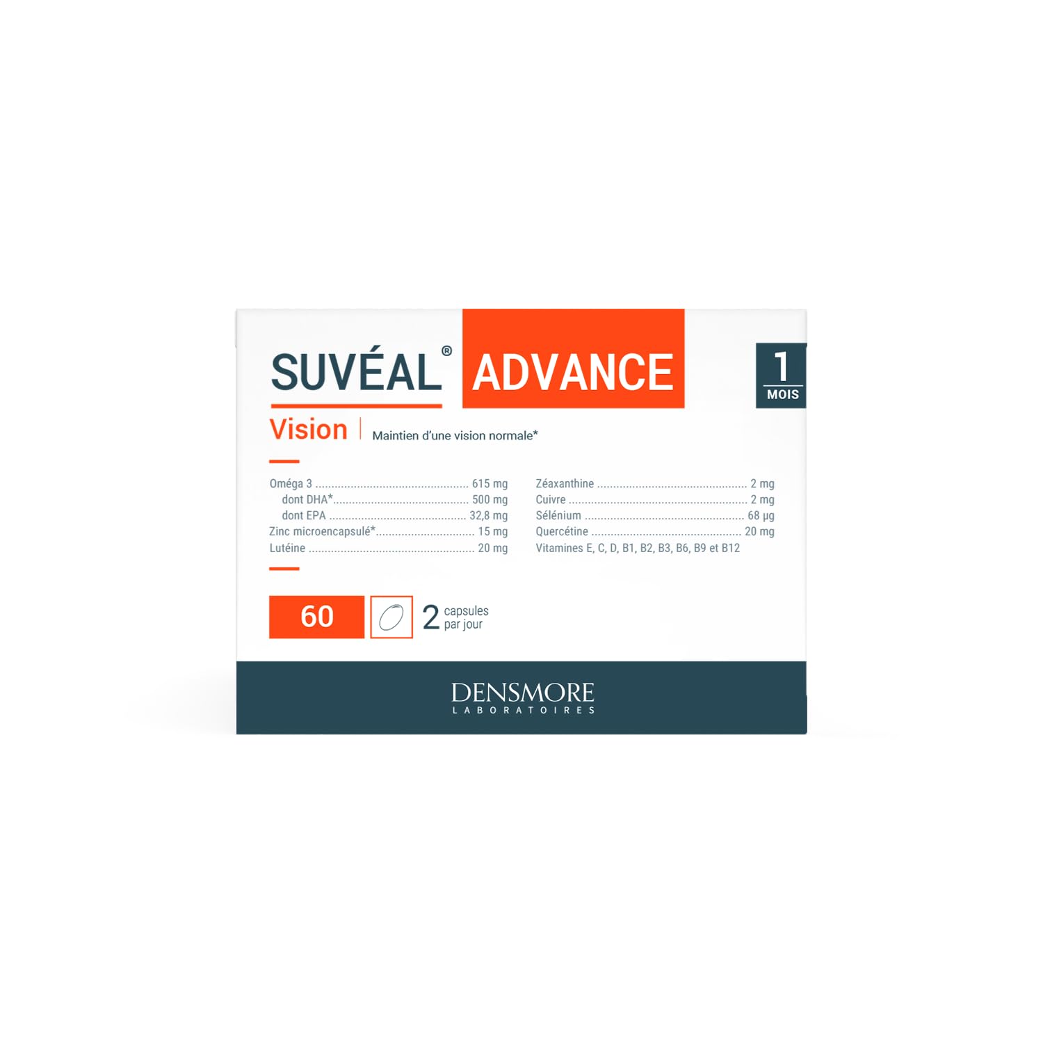 Densmore - SUVEAL Advance 1 mois - Complément Alimentaire Ophtalmologie à base d’Omega 3 (DHA), Lutéine, Zéaxanthine, Quercétine, Vitamines B, Zinc - Formule Ultra-Complète vision - Fabriqué en France