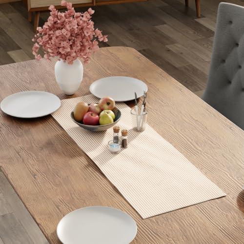 Image of Encasa XO Cotton Table Runner for 4 Seater | Size 13x36 in | Ticking Beige - Machine Washable & Durable