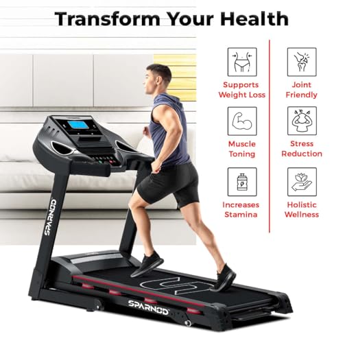 Image of Sparnod Fitness STH-3200 Treadmill for Home Use, Hydraulic Foldable Design, 4 HP Peak DC Motor, 16km /h Speed, 3-Level Manual Incline, 110 kg Capacity, LCD Display, Inbuilt Speakers, 12 Preset Programs