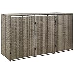 vidaXL Triple Wheelie Bin Shed - Grey Poly Rattan with Powder-Coated Steel Frame - Weather- Outdoor Storage Solution - Size 207x80x117 cm - Holds 3 Bins