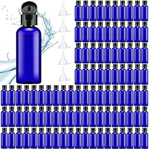 100 Pack 2 oz Plastic Empty Bottles with Flip Cap Travel Size Containers with Flip Cover Cap Plastic Squeeze Bottles Refillable Dispensing Bottles with 5 Funnels Liquid Lotion for Travel (Blue)
