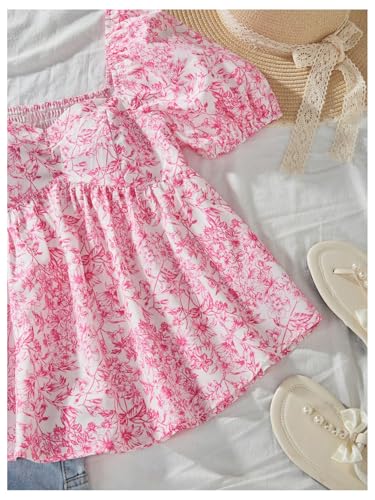 Girl's Floral Puff Sleeve Smocked Blouses Shirts Sweetheart Neck Babydoll Peplum Top4