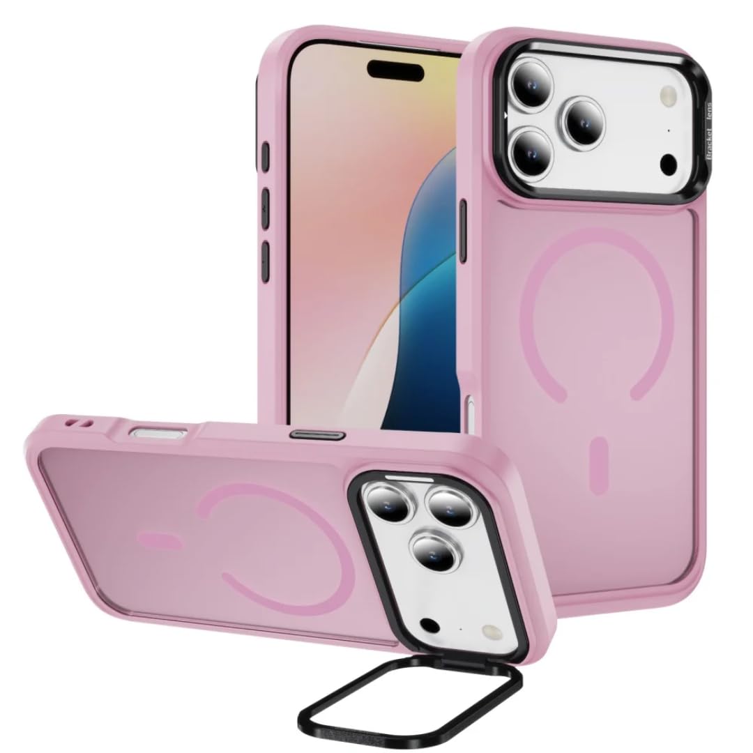 Luksusowy magnetyczny uchwyt na telefon, etui z podstawką do aparatu i wstrząsoodporną osłoną do iPhone'a 15 Pro (różowy)