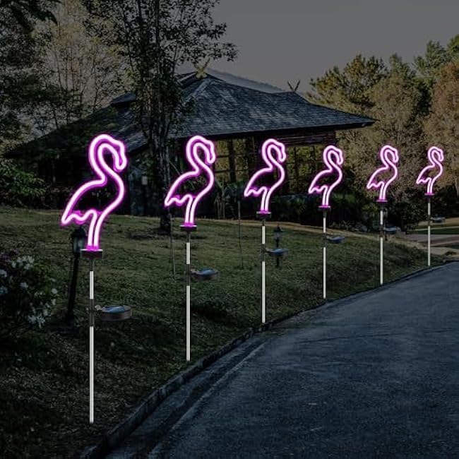 Retisee 6 Pcs Flamingo Solar Stake Lights Pink Flamingo Outdoor Lights Bulk Neon Lights Decoration LED Solar Powered Lighting for Lawn, Garden, Flower Bed, Yard, Pathway