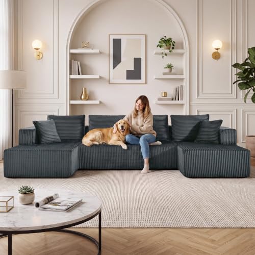 Image of 132 inch Boneless Couches for Living Room, U Shaped Modular Sectional Corduroy Comfy Cloud Memory Foam Deep Seat Boneless Sofa, No Assembly Required Couch for Living Room with Double Chaise, Gray
