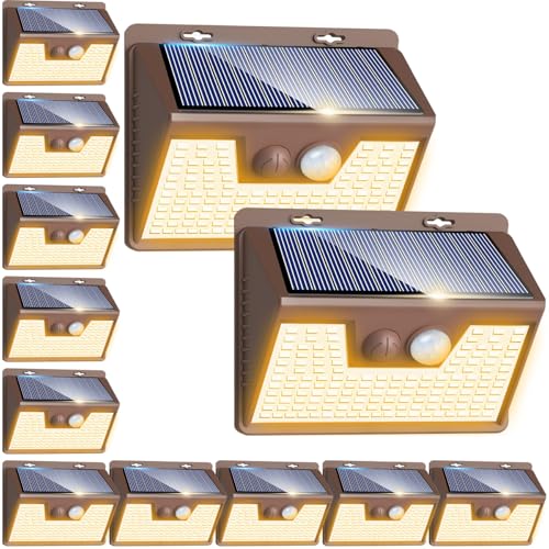 Image of Peasur Solar Lights Outdoor Motion Sensor, 12Pack 140LED Waterproof Solar Powered Fence Lights, 3 Modes Solar Security Wall Lights for Garden Yard Outside(Brown Warm White)