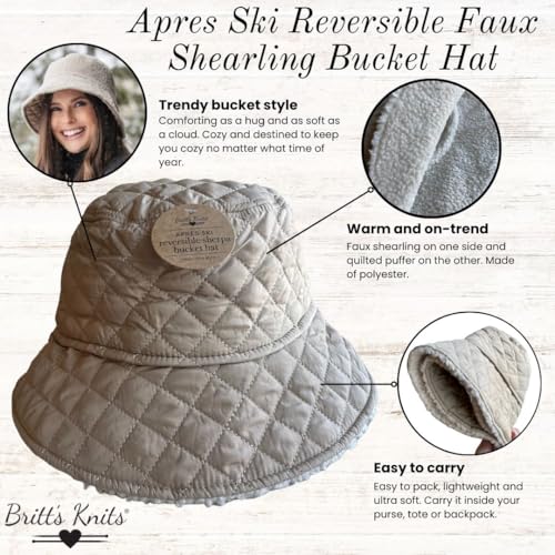 Britt's Knits Apres Ski Reversible Sherpa Bucket Hat Winter Faux Fur Teddy Style Warm Bucket Hat for Women & Girls - Oat
