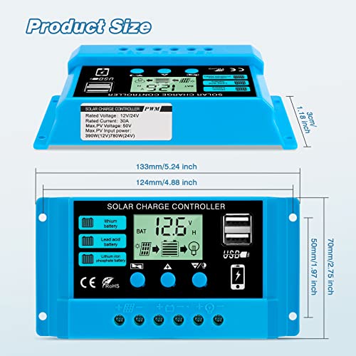 Regolatore di Carica Pannello Solare,20A 12V/24V