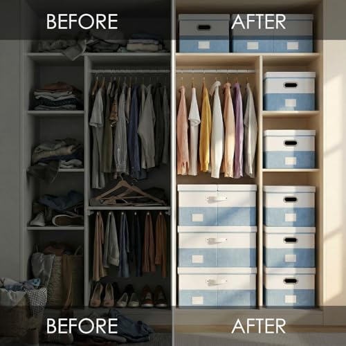 Image of PRANDOM Storage Bins with Lids [3-Pack] Linen Fabric Foldable Storage Boxes Organizer Containers Baskets Cube with Cover for Bedroom Closet Office White&Blue (23.4X15.9X11.4)