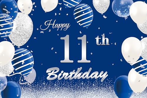 Happy 11th Birthday Banner Backdrop, 6 * 4ft Blue Silver, Boys' Birthday Decorations, Party Backdrop Poster Fabric