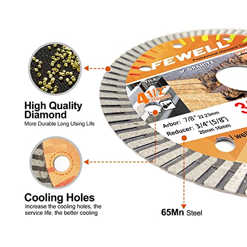 Fewell Diamond Saw Blades 4 1/2”，Super Thin Turbo Blade,Cutting Disc For Porcelain,Ceramic Tile Granite Brick And Concrete 115X10X22.23Mm (1-Pack) #TOP3