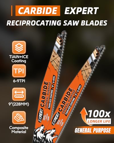 Image of Expert Carbide Reciprocating Saw Blade, 9 Inch 6-9TPI Saw Blades for Metal, Steel, Copper, Aluminium, Wood with Nails, 3 Pack