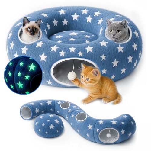 Image of Cycodo Indoor Cat Tunnel Bed,Shape-Shifting Pet Cave with Circle Cushion,Luminescent Donut Tunnel Toy for Kitten /Puppy /Rabbit (Starry Blue)