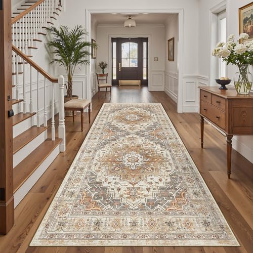 Madane 4x10 Wide Hallway Runner Rug: Washable Soft Rug Runners for Living Room Bedroom, Stain Resistant Low Pile Area Rugs Thin Non Slip Floor Carpet for Ktichen Dining Room (Turmeric/Grey,4x10)