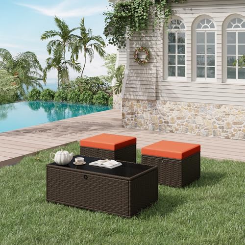 Image of HOMREST 3 Piece Patio Rattan Ottomans Set，Outdoor PE Wicker Footstool w /Removable Cushion, Storage Coffee Table & Multipurpose Footrest Stool for Porch, Poolside, Garden, Deck(Orange)