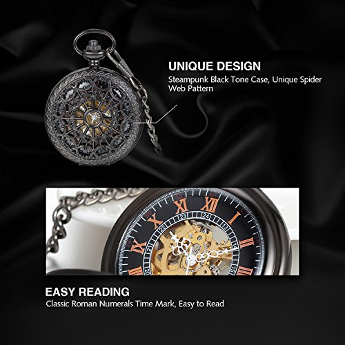 Avaner Unisex Antique Steampunk Black Skeleton Spider Web Pattern Hand Wind Mechanical Movement Roman Numeral Pocket Watch Gift with 14 inches Chain steampunk buy now online