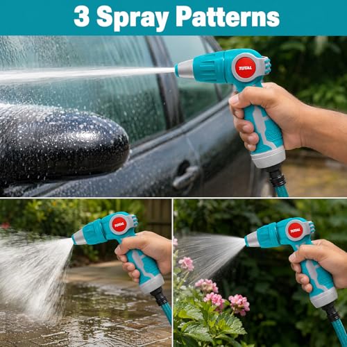 Image of TOTAL Garden Hose Spray Nozzle with 3 Adjustable Spray Patterns, Zinc Alloy Heavy Duty Water Gun, 3 /4 Inch Universal Connector, U-Shaped Lock for Car Washing, Gardening & Cleaning
