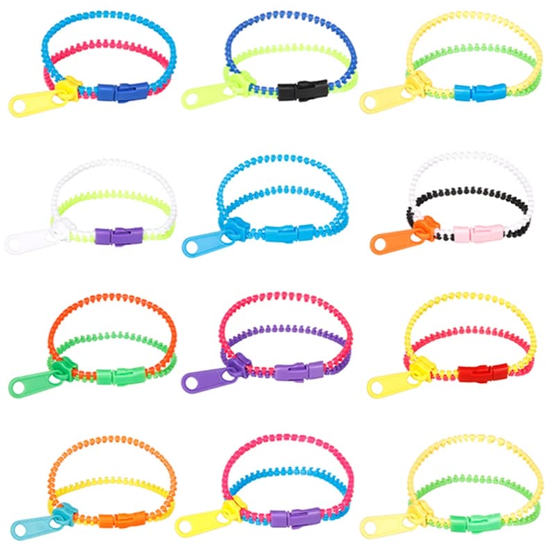 Jspupifip 24 Pcs Fidget Zipper Bracelets Bulk Fidgets 7.5 Inch Toys Zipper Bracelets Party Favors Friendship Bracelets Colorful Pressure Relief Sensory Gift for Boys Girls Kids Classroom Birthday