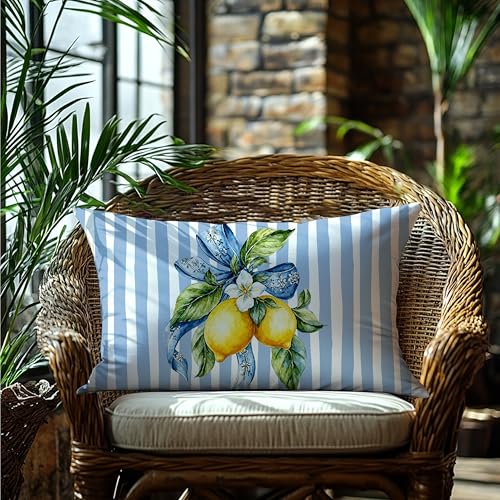 Image of Blue and Yellow Summer Italian Mediterranean Amalfi Coast Lemon Pillow Cover Decor 12x20,Italian Striped Decorative Throw Pillow Cover Decor for Couch Double-Sided