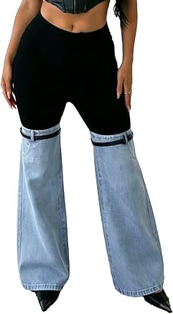 Nihsatin Womens Two Tone Denim Patchwork Flared Pants | High Waisted, Color Block, Bell Bottom