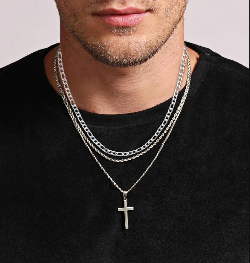 3Pcs Set Cross Necklace for Men, Mens Cross Necklace Cross Chain Layered Stainless Steel Rope Figaro Chains for Women Boys Gold Silver Black (20inch/22inch)2