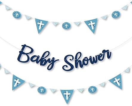 amazon com big dot of happiness blue elegant cross religious boy baby shower letter banner decoration 36 banner cutouts and baby shower banner letters home kitchen