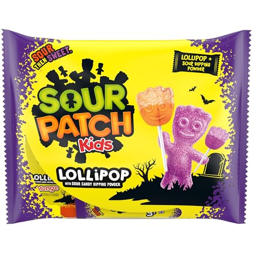 Sour Patch Kids Halloween Lollipops with Sour Candy Dipping Powder, 20ct