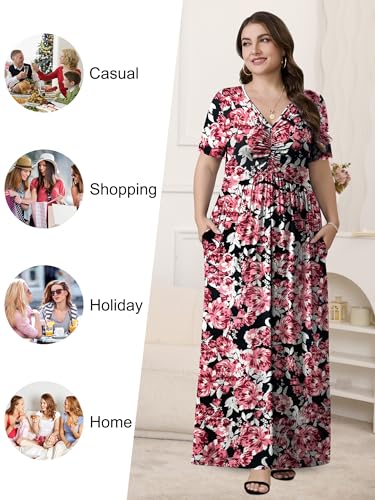 Image of PEVRL Plus Size Summer Maxi Dress for Curvy Women with Pockets 1X-5X | Short Sleeve, Twisted Front V-Neck, Summer Casual A Line Flowy Dress, Empire Waist Floral Print Beach Vacation Long Dress