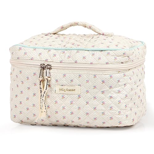 Sightor Cotton Makeup Bag, Quilted Cosmetic Bag with Handle Large Capacity Travel Toiletry Bag for Women Cute Aesthetic Floral Makeup Bag (Beige)