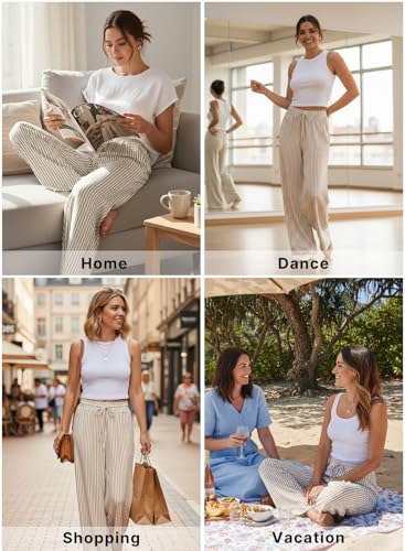 Image of Acelitt Women Casual Drawstring Elastic Waist Striped Wide Leg Pants with Pockets, S-XXL