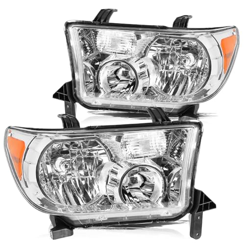 Aosky Halogen Headlight Assembly Replacement for 2007 2008 2009 2010 2011 2012 2013 Tundra/ 2008-2017 Sequoia Driver+Passenger Side Chrome Housing without bulbs
