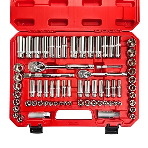 Image of EACELIY 69pcs 1 /4 inch&3 /8 inch inch Drive Impact Socket Set,Drive Master Socket Set,SAE /Metric, Deep & Shallow with Drive Head Ratchet,Drive Spark Plug Socket,Extension bar (3 inch & 6 inch),6 Point,CR-V Steel, Mirror