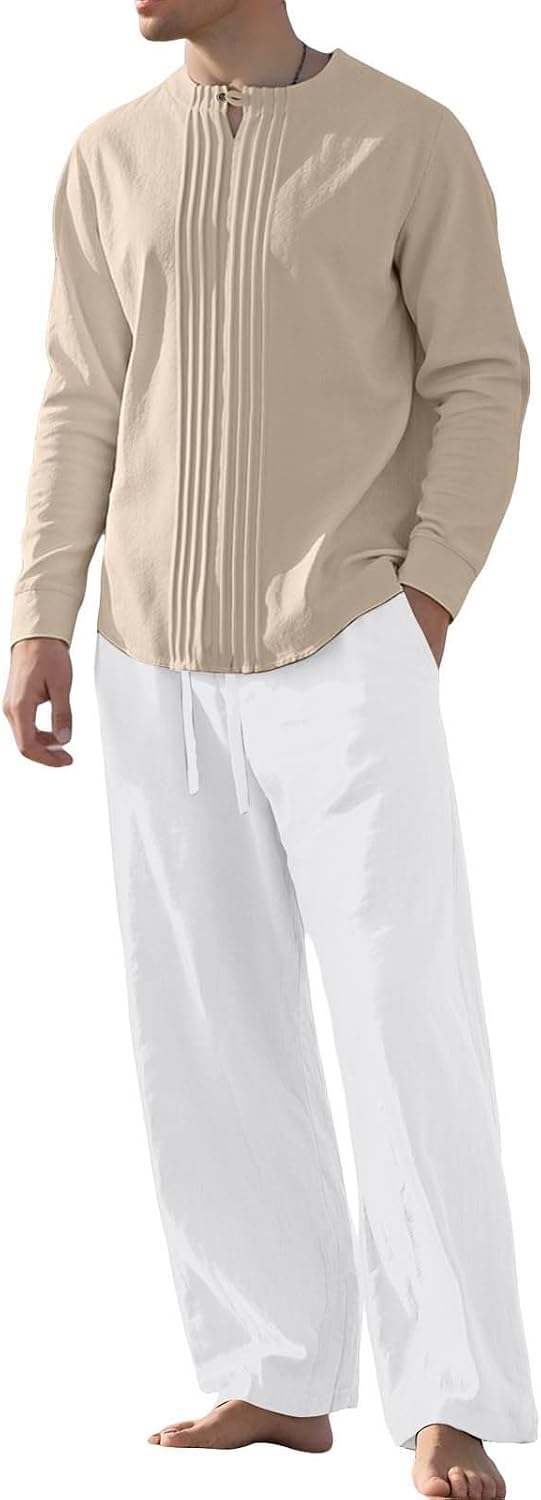 Cambkatl Lightweight Linen Sets for Men Summer Long Sleeve Casual Pleated Shirts Matching 2 Piece Vacation Beach Outfits