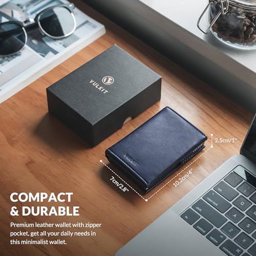 Image of VULKIT Men's Leather Card Holder Pop Up Cards With ID Window Wallet with Coin Pocket Magnetic Closure (Navy)
