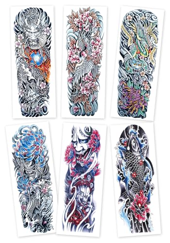 Kotbs 6 Sheets Full Arm Temporary Tattoo Sleeves for Men Women, Realistic Fake Tattoo Sleeves, Japanese Style Dragon, Phoenix, Koi Fish, Samurai Temporary Tattoo Stickers for Cosplay and Halloween