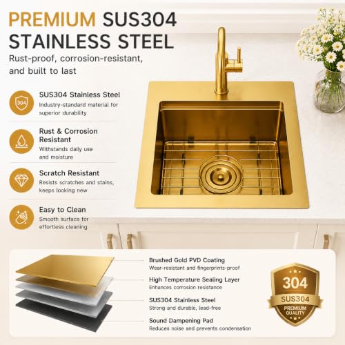 Image of Gold Bar Sink, 15 inch Gold Kitchen Sink, SUS304 Stainless Steel Single Bowl