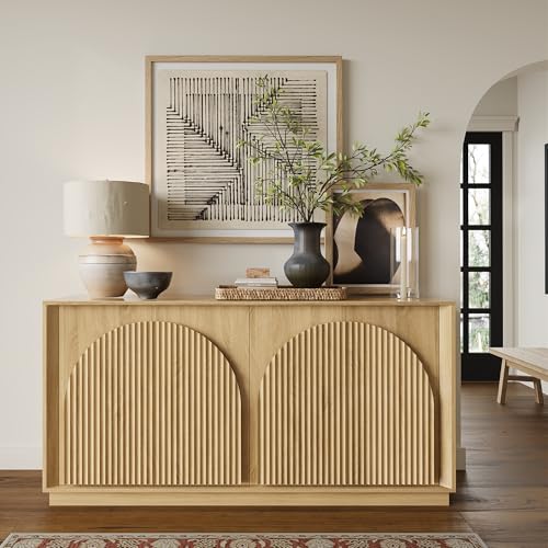 win2win Fluted Sideboard Buffet Cabinet with Storage, 65" Modern Accent Cabinet with Double-Layered Arch Doors, Wood Boho Media TV Console Table Credenza for Living Dining Room Hallway Entryway, Oak - Image 4