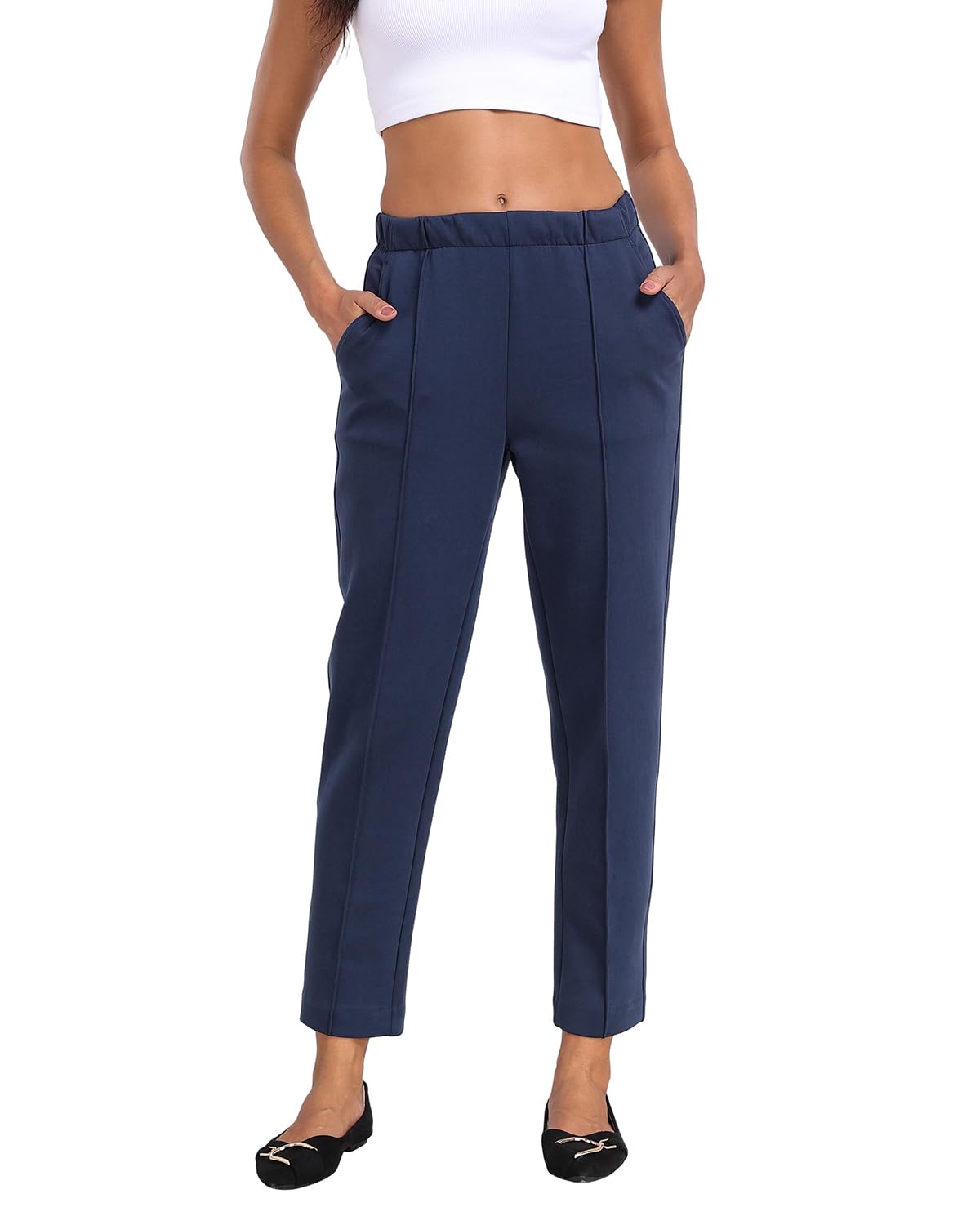 Womens Pull-On Dress Pants High Waisted Business Casual Work Pants for Women Stretch Trousers Slacks with Pockets