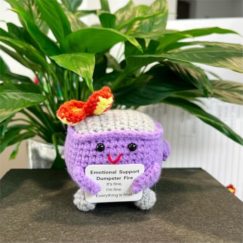 Image of Emotional Support Dumpster Fire - Positive Crochet Birthday Easter Basket Stuffers Essentials Gift for Women Men Girls Coworker Friend, Handmade Knitted Doll for Home Office Accessories Decor (Purple)