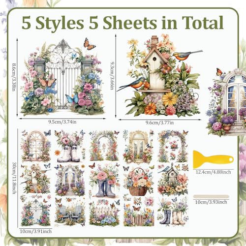 WANDIC 5 PCS Flower Theme Rub On Transfer Sticker,Window&Scenery Sticker Butterfly Decal for Present Packaging DIY Scrapbooking Albums Furniture,10 * 30cm - Image 2