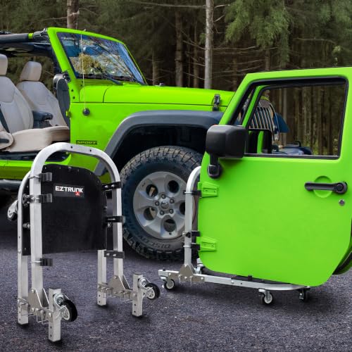 Image of EZ4X4 Aluminum Silver 2-Door Folding Rolling Door Cart, Storage Door Rack Holder Stand fits Wrangler JL JK TJ YJ Patented