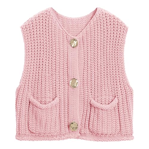 Image of Hixiaohe Womens Crochet Chunky Knit Top Sleeveless Button Down Crop Tops Trendy Cardigan Sweater Vest for Women with Pockets