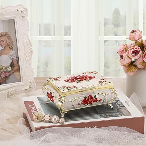ELLDOO Vintage Music Box, Beige Metal Musical Jewelry Box Keepsake Box, Small Trinket Jewelry Storage Box Gift for Girl Women (Tune: You are My Sunshine), Red Rose Pattern - Thumbnail 6