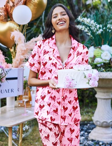 Image of Ekouaer 2 Piece Satin Short Sleeve Pajamas Set Button Down Sleepwear | Soft Pjs Set Classic Loungewear for Wedding, Party, Home, Daily Wear, Date Nights