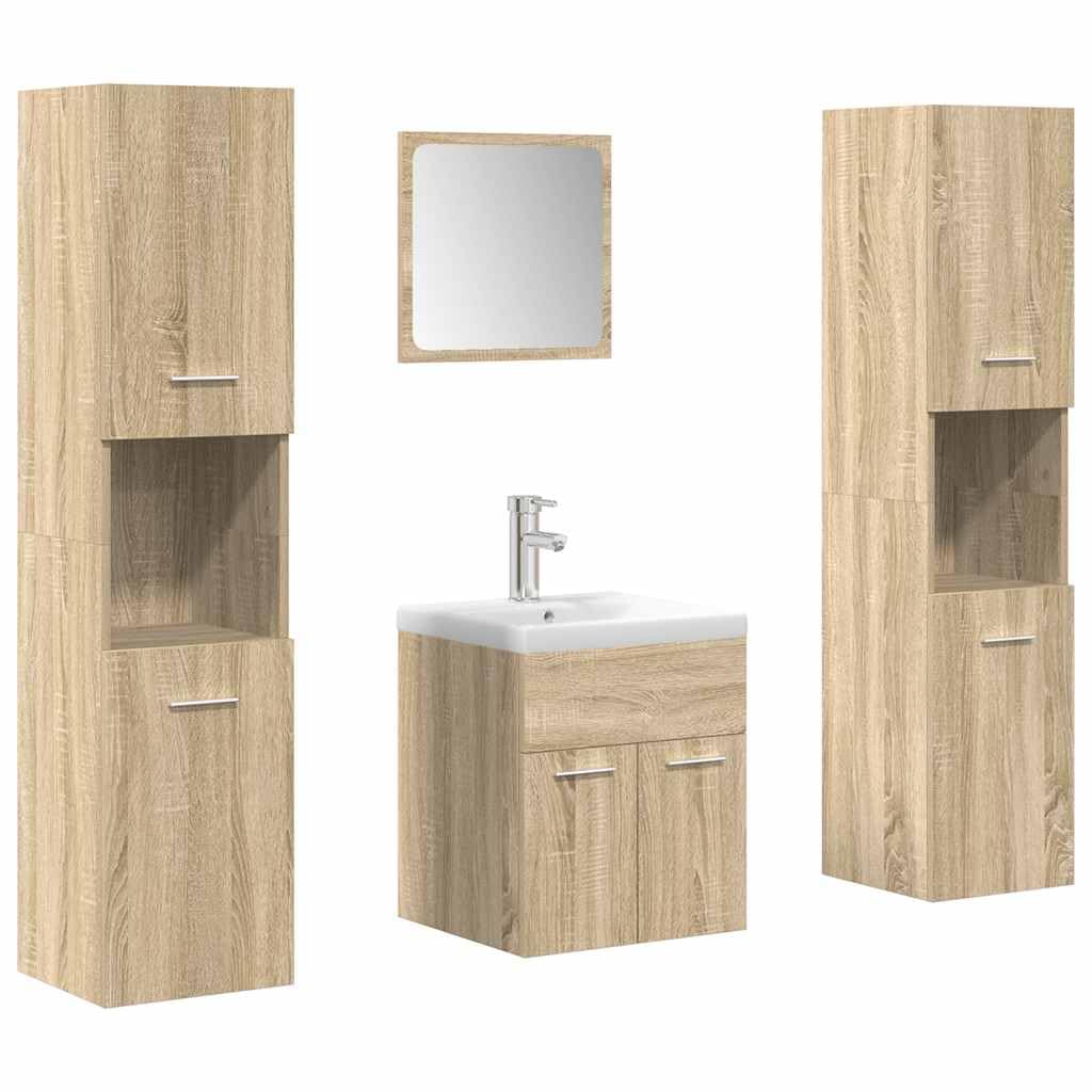 Set Mobili da Bagno 5 Pezzi Rovere Sonoma Legno Multistrato | Lavabo in ceramica bianco, specchio in vetro, montaggio a parete, ampio spazio portaoggetti
