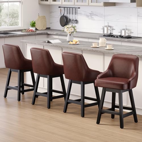 Image of YaFiti Swivel Counter Height Bar Stools Set of 4, 24 inch Modern Faux Leather Barstool with Back, Widen Upholstered Seat, Hardened Wood Legs for Kitchen Counter, Island, Dining Room, Brown