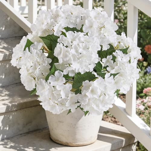 Kisflower Hydrangea Artificial Flowers Faux Hydrangea Flowers Silk Flowers Bouquets with Stems for Table Vase Centerpiece Wedding Party Outdoor Decor(White 1pcs)