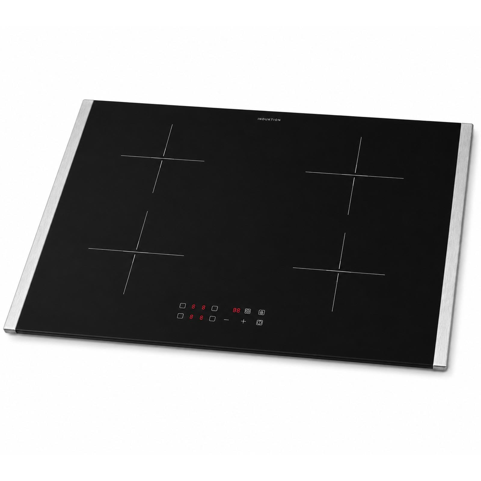 Oranier Kochfeld Induktion 80 cm autark - Glaskeramik mit 2 Edelstahl Seitenleisten, Topfgrößenerkennung, 4-fach Booster, Timer, LED Anzeige rot & Touch Control Steuerung
